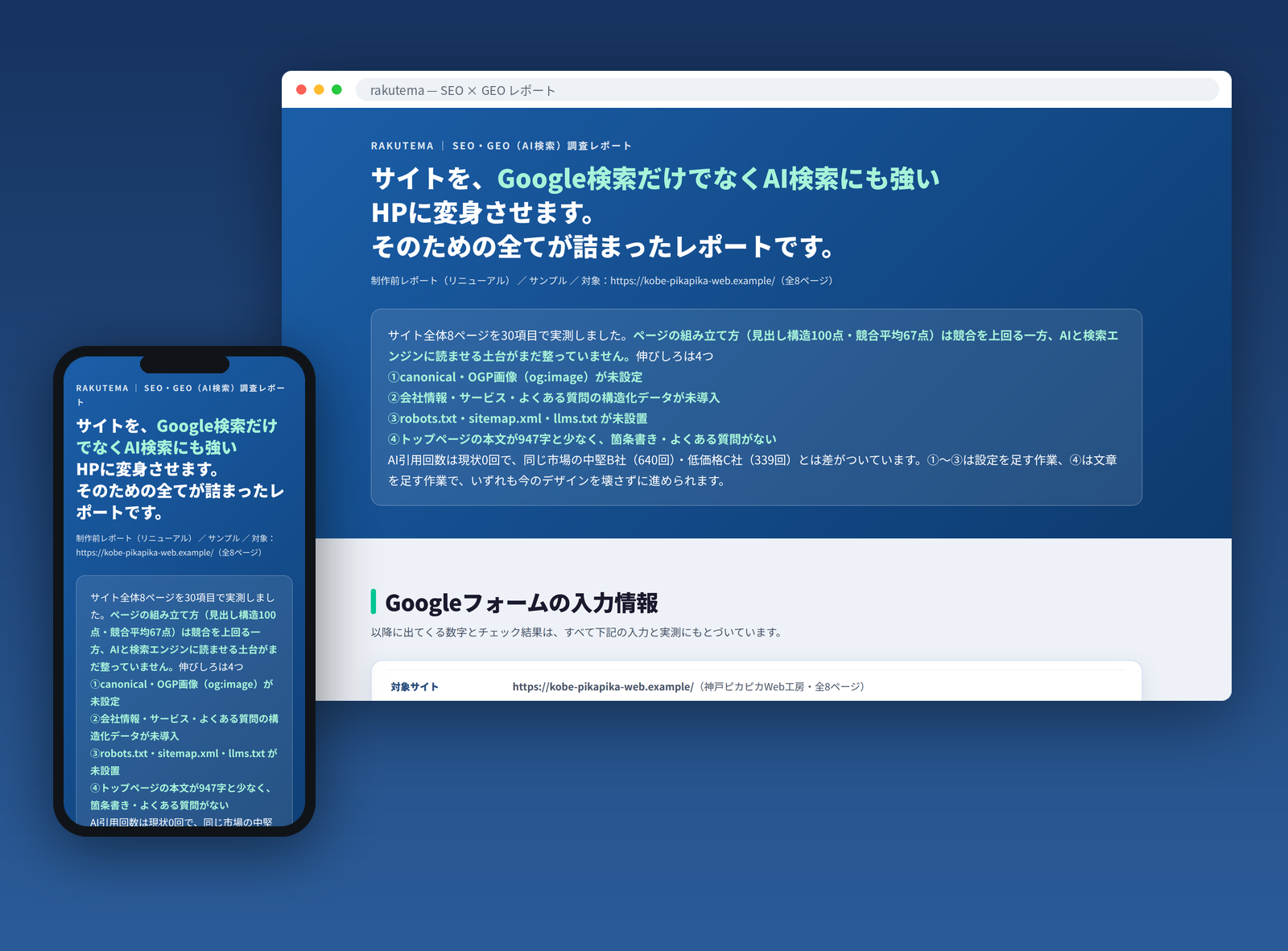 PCとスマートフォンで表示したSEO×GEOレポートの画面